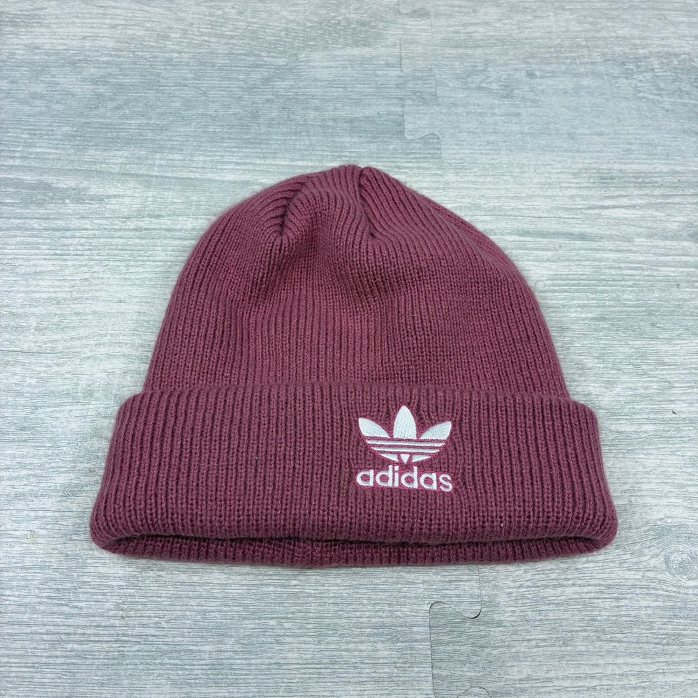 Adidas Beanie Women's Maroon Pink‎ Acrylic Trefoil Logo Cuffed Knit Hat